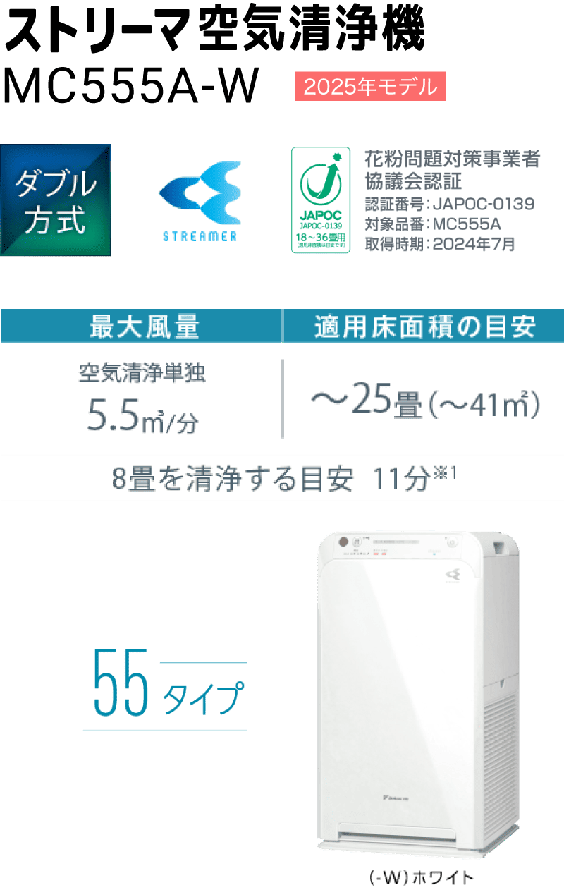 DAIKIN ストリーマ空気清浄機 MC555A-W ホワイト 2025年製 dkn00000000057-01.jpg